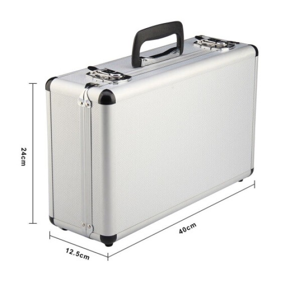 Large hard-shell aluminum-alloy flight case with foam lining, lockable, for storing tools, cameras, and firearms.
